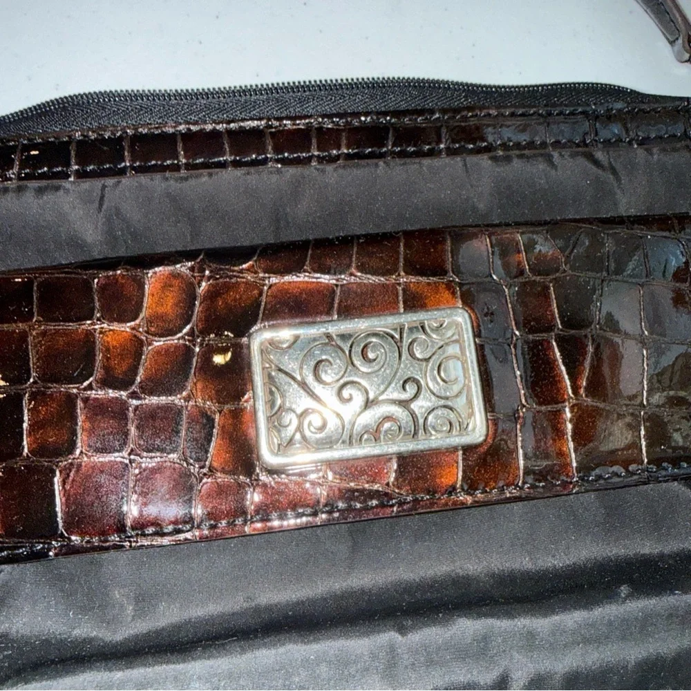 Brighton‎ Black Nylon Croc Embossed Leather Crossbody Bag F174135 Brown Trim